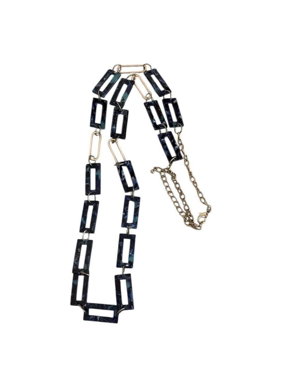 Elegant Blue Rectangular Link Necklace Gold Tone Chain Link Adjustable